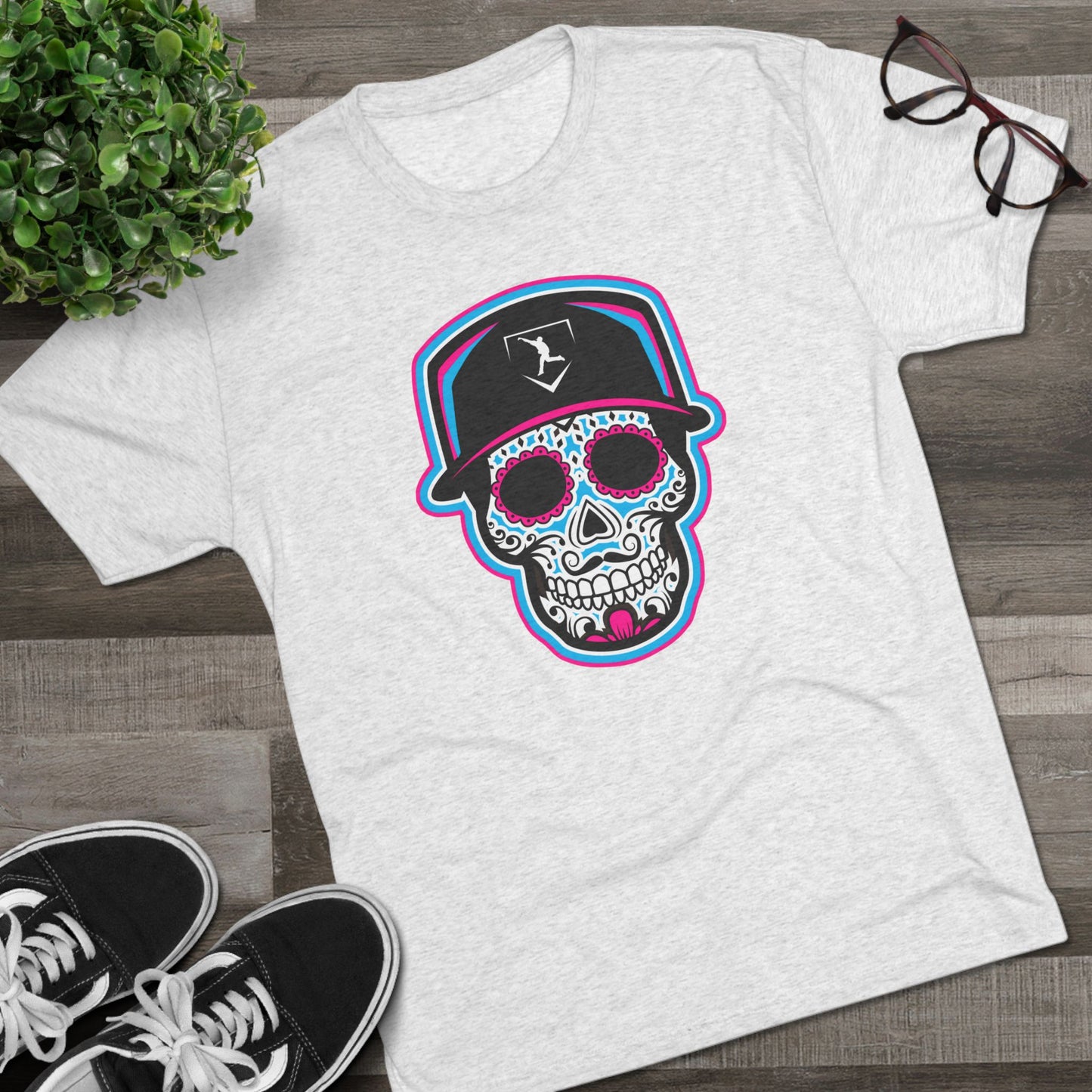 Day of the Dead | Neon Blue and Pink Skull Graphic Tee